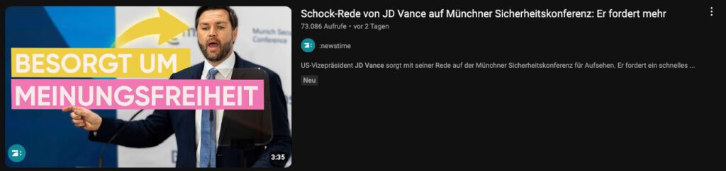 Ganz schwach: JD Vance sorgt sich nicht um die Meinungsfreiheit.  Er nutzt die Sorge, um von eigenen Problemen abzulenken. Das muss ein Nachrichtenformat erkennen. 