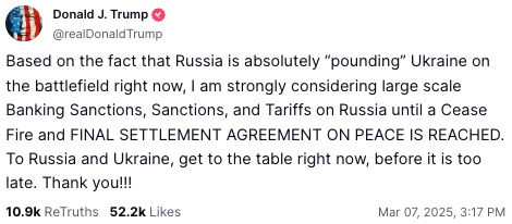 Trump bei Truth Social: Trump droht Russland, unter anderem mit Zöllen. Russische Exporte in die USA sind seit 2021 aber um fast 90 Prozent eingebrochen. Die Drohung verpufft also. Putin hat nichts zu verlieren.