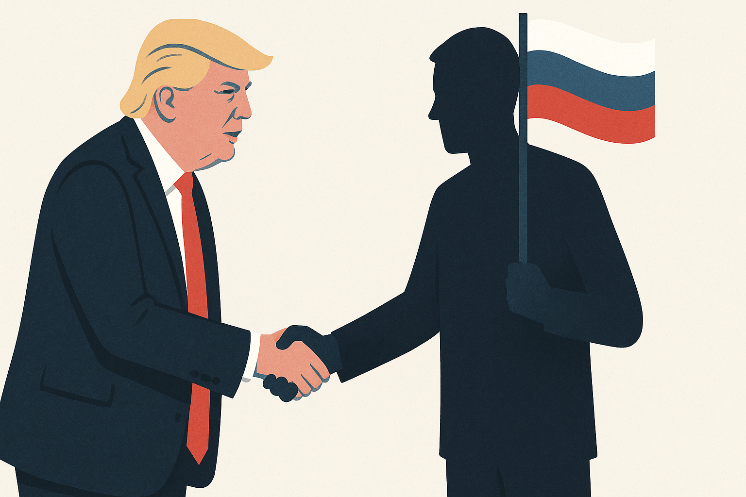 Donald Trump schüttelt einem Mann mit russischer Fahne die Hand