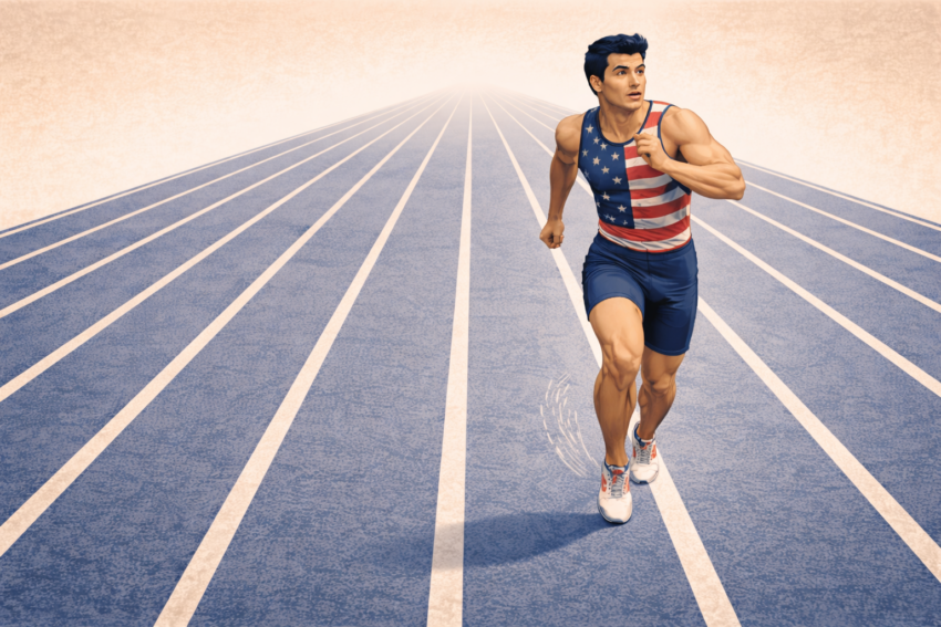 Ein Sprinter im US-Trikot läuft allein auf einer Laufbahn.
