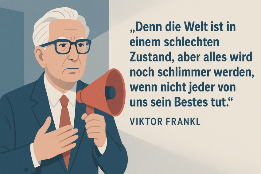 Viktor Frankl Zitat „Denn die Welt ist in einem schlechten Zustand, aber alles wird noch schlimmer werden, wenn nicht jeder von uns sein Bestes tut.“