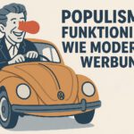 Ein Mann mit großer, orangenen Nase sitzt in einem VW-Käfer