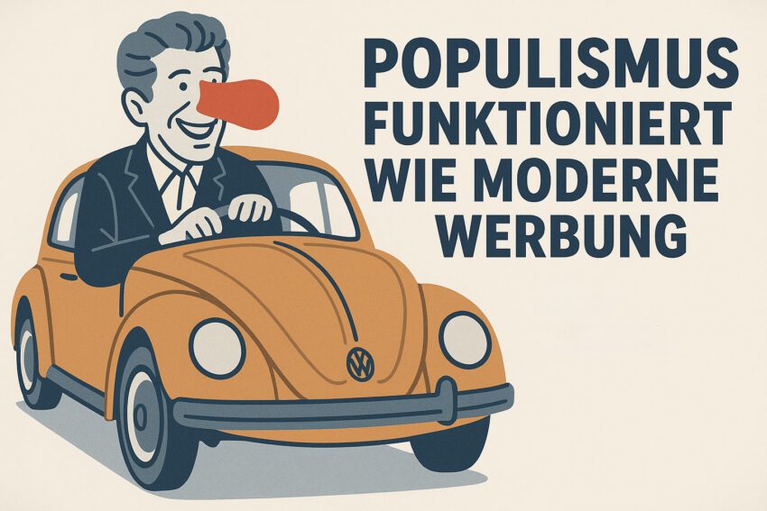 Ein Mann mit großer, orangenen Nase sitzt in einem VW-Käfer