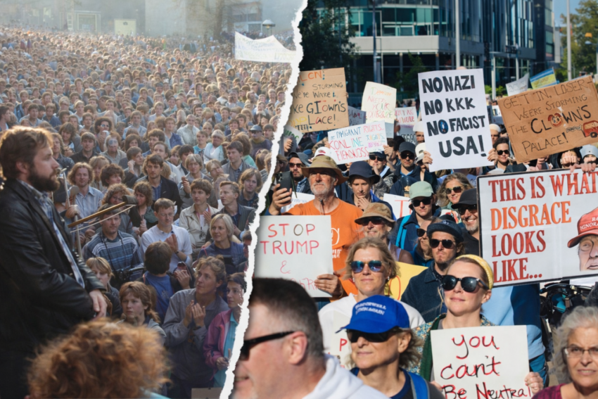 Infos Artikelbild: Links: Demonstration vor dem Rathaus in Plauen, 30. Oktober 1989. Rund 40.000 Menschen forderten unter anderem Reformen des Wahlsystems, Presse- und Reisefreiheit sowie die Zulassung des „Neuen Forums“. Foto: Bundesarchiv, Bild 183-1989-1106-405 / CC BY-SA 3.0 DE (https://creativecommons.org/licenses/by-sa/3.0/de/) Rechts: „No Kings“-Protestmarsch gegen Donald Trump und die Republikaner, Nicollet Mall, Minneapolis (Minnesota), 18. Oktober 2025. Foto: Fibonacci Blue / CC BY 4.0 (https://creativecommons.org/licenses/by/4.0/) Die Bilder wurden für diese Collage zusammengestellt und beschnitten. Die Collage darf unter der Lizenz CC BY 4.0 verwendet werden.